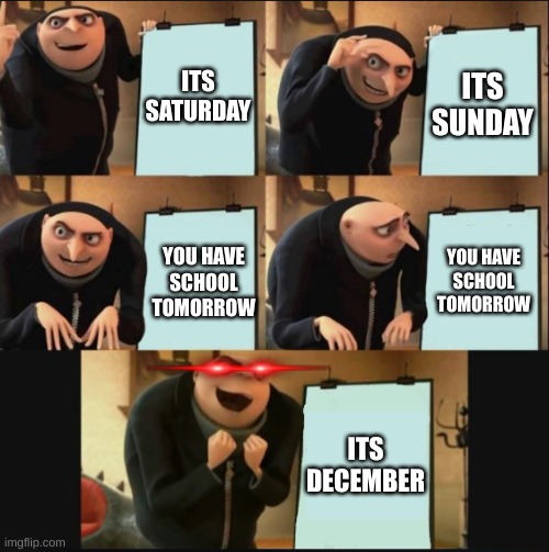 its close to december | ITS SATURDAY; ITS SUNDAY; YOU HAVE SCHOOL TOMORROW; YOU HAVE SCHOOL TOMORROW; ITS DECEMBER | image tagged in 5 panel gru meme | made w/ Imgflip meme maker