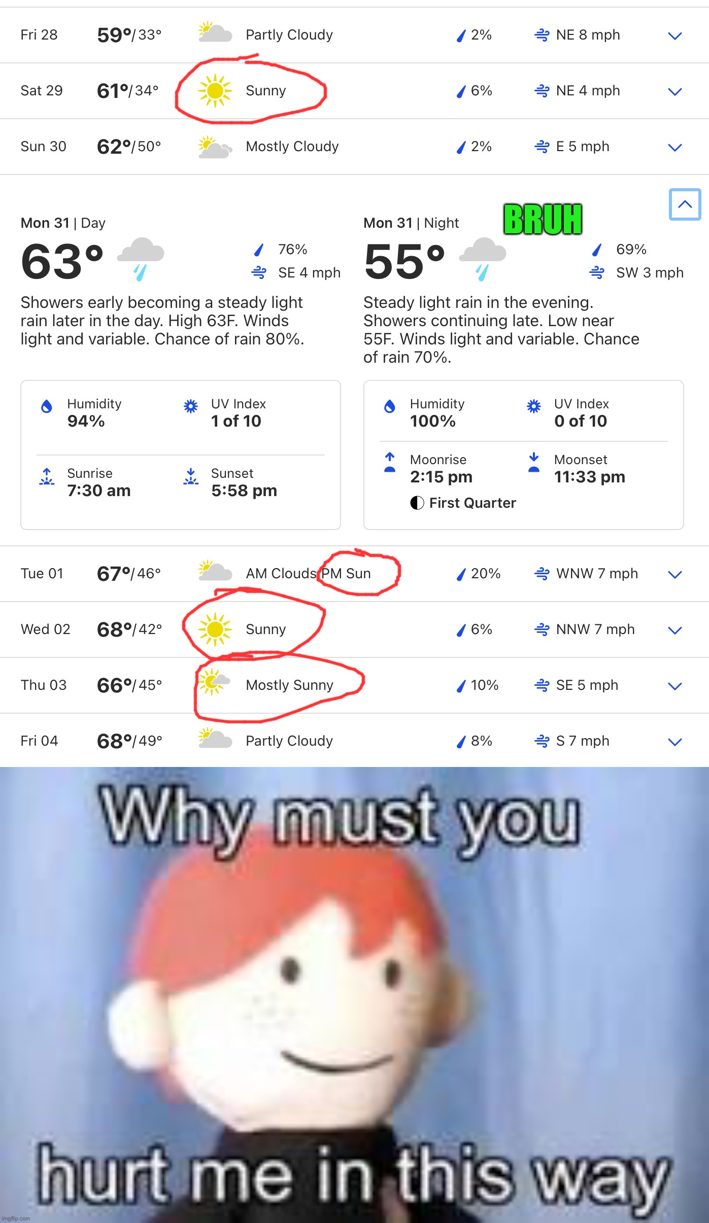 Tbh I feel like my trick or treating might get postponed to November 1, but the weather would be much better | BRUH | image tagged in why must you hurt me in this way | made w/ Imgflip meme maker