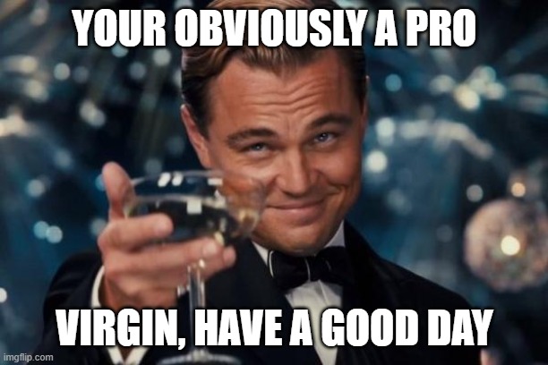 Leonardo Dicaprio Cheers | YOUR OBVIOUSLY A PRO; VIRGIN, HAVE A GOOD DAY | image tagged in memes,leonardo dicaprio cheers | made w/ Imgflip meme maker