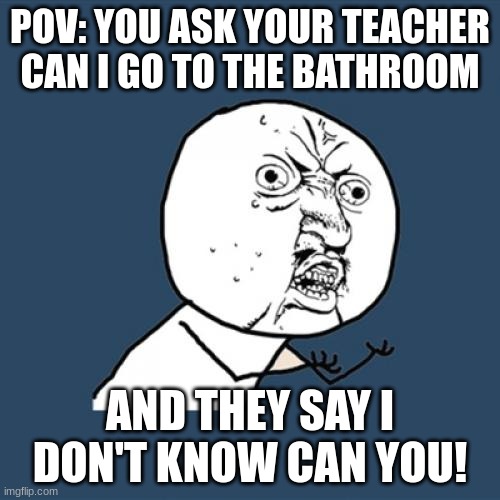 Y U No Meme | POV: YOU ASK YOUR TEACHER CAN I GO TO THE BATHROOM; AND THEY SAY I DON'T KNOW CAN YOU! | image tagged in memes,y u no | made w/ Imgflip meme maker
