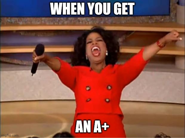 Oprah You Get A | WHEN YOU GET; AN A+ | image tagged in memes,oprah you get a | made w/ Imgflip meme maker