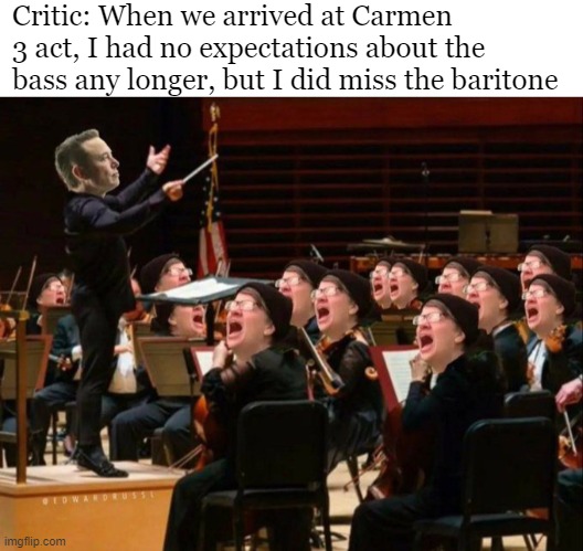 Making the best of it | Critic: When we arrived at Carmen 3 act, I had no expectations about the bass any longer, but I did miss the baritone | image tagged in elon musk buying twitter,elon musk,twitter,funny,classical music | made w/ Imgflip meme maker
