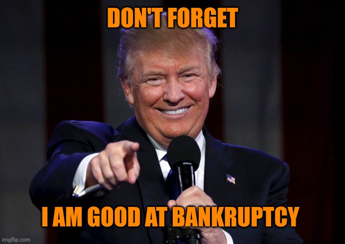 Trump laughing at haters | DON'T FORGET I AM GOOD AT BANKRUPTCY | image tagged in trump laughing at haters | made w/ Imgflip meme maker