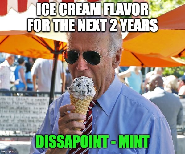 Joe Biden eating ice cream | ICE CREAM FLAVOR FOR THE NEXT 2 YEARS; DISSAPOINT - MINT | image tagged in joe biden eating ice cream | made w/ Imgflip meme maker