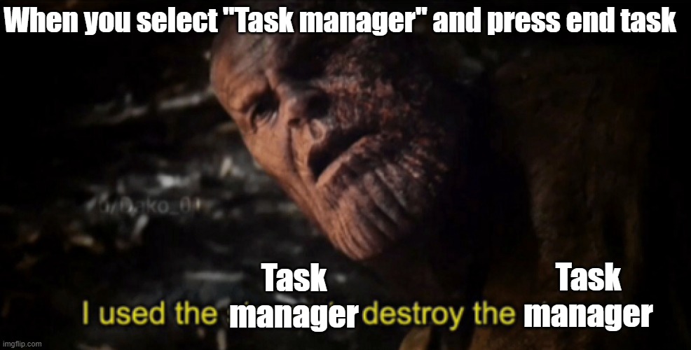 I used the stones to destroy the stones | When you select "Task manager" and press end task; Task manager; Task manager | image tagged in i used the stones to destroy the stones | made w/ Imgflip meme maker