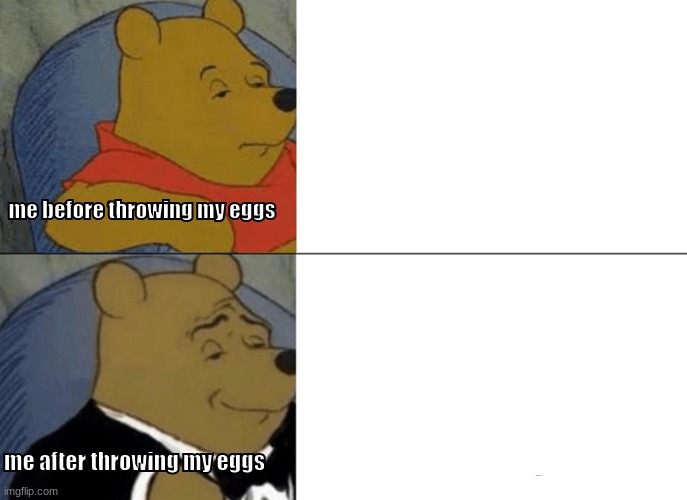 blind | me before throwing my eggs; me after throwing my eggs | image tagged in memes,tuxedo winnie the pooh | made w/ Imgflip meme maker