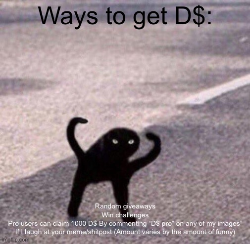Cursed cat temp | Ways to get D$:; Random giveaways
Win challenges
Pro users can claim 1000 D$ By commenting “D$ pro” on any of my images”
If I laugh at your meme/shitpost (Amount varies by the amount of funny) | image tagged in cursed cat temp | made w/ Imgflip meme maker