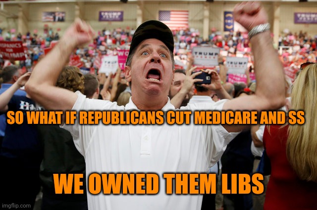 S m r t | SO WHAT IF REPUBLICANS CUT MEDICARE AND SS; WE OWNED THEM LIBS | image tagged in trump supporter triggered | made w/ Imgflip meme maker