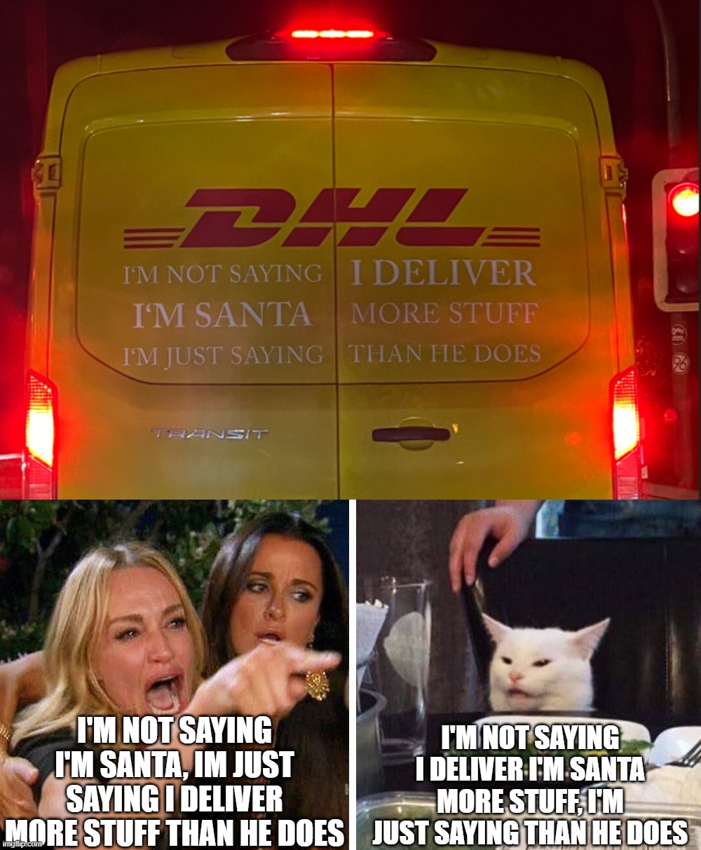 I'M NOT SAYING I'M SANTA, IM JUST SAYING I DELIVER MORE STUFF THAN HE DOES; I'M NOT SAYING I DELIVER I'M SANTA MORE STUFF, I'M JUST SAYING THAN HE DOES | image tagged in smudge the cat | made w/ Imgflip meme maker