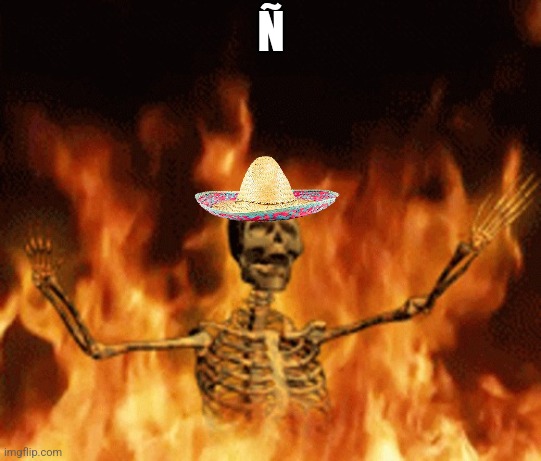 Skeleton Burning In Hell | Ñ | image tagged in skeleton burning in hell | made w/ Imgflip meme maker