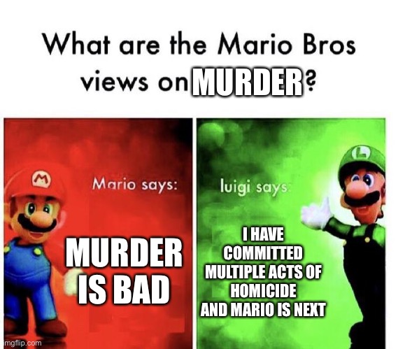 Mario watch out | MURDER; MURDER IS BAD; I HAVE COMMITTED MULTIPLE ACTS OF HOMICIDE AND MARIO IS NEXT | image tagged in mario bros views | made w/ Imgflip meme maker