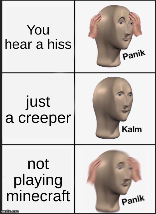 Panik | You hear a hiss; just a creeper; not playing minecraft | image tagged in memes,panik kalm panik | made w/ Imgflip meme maker