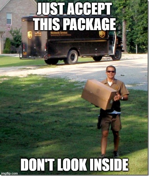UPS delivery guy | JUST ACCEPT THIS PACKAGE DON'T LOOK INSIDE | image tagged in ups delivery guy | made w/ Imgflip meme maker