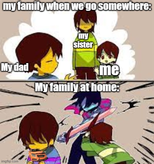 My family is really one of a kind | my family when we go somewhere:; my sister; My dad; me; My family at home: | image tagged in my family,me,my sister,my dad | made w/ Imgflip meme maker