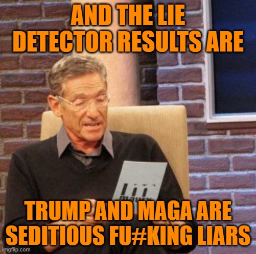 Maury Lie Detector Meme | AND THE LIE DETECTOR RESULTS ARE TRUMP AND MAGA ARE SEDITIOUS FU#KING LIARS | image tagged in memes,maury lie detector | made w/ Imgflip meme maker