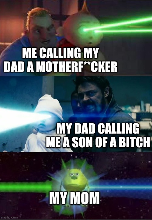 crosshairs | ME CALLING MY DAD A MOTHERF**CKER; MY DAD CALLING ME A SON OF A BITCH; MY MOM | image tagged in laser babies to mike wazowski,funny,memes,funny memes | made w/ Imgflip meme maker