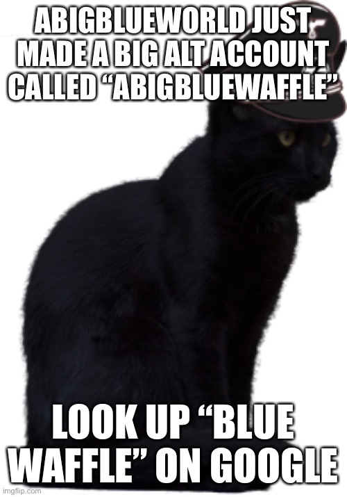 Trust me, blue made waffles | ABIGBLUEWORLD JUST MADE A BIG ALT ACCOUNT CALLED “ABIGBLUEWAFFLE”; LOOK UP “BLUE WAFFLE” ON GOOGLE | image tagged in black cat amt officer | made w/ Imgflip meme maker