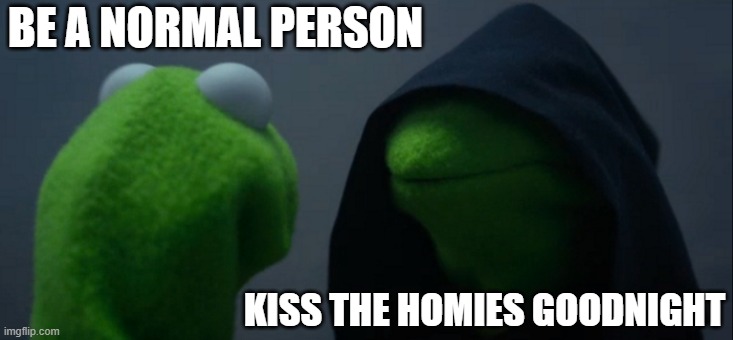 Its gay not to be gay with the homies | BE A NORMAL PERSON; KISS THE HOMIES GOODNIGHT | image tagged in memes,evil kermit | made w/ Imgflip meme maker