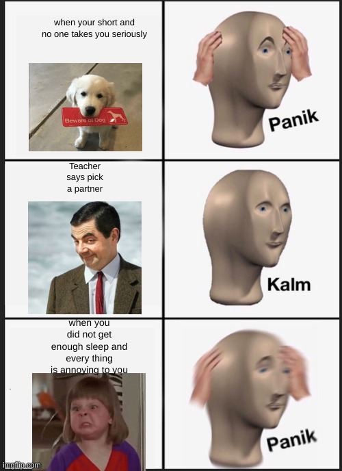 Panik Kalm Panik Meme | when your short and no one takes you seriously; Teacher says pick a partner; when you did not get enough sleep and every thing is annoying to you | image tagged in memes,panik kalm panik | made w/ Imgflip meme maker