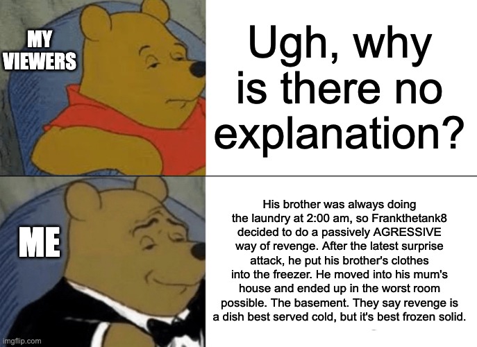 Ugh, why is there no explanation? His brother was always doing the laundry at 2:00 am, so Frankthetank8 decided to do a passively AGRESSIVE  | image tagged in memes,tuxedo winnie the pooh | made w/ Imgflip meme maker