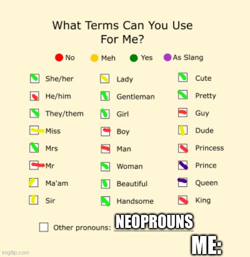 Pronouns Sheet | NEOPROUNS; ME: | image tagged in pronouns sheet | made w/ Imgflip meme maker