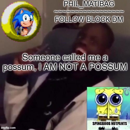 Phil_matibag announcement | Someone called me a possum, I AM NOT A POSSUM | image tagged in phil_matibag announcement | made w/ Imgflip meme maker