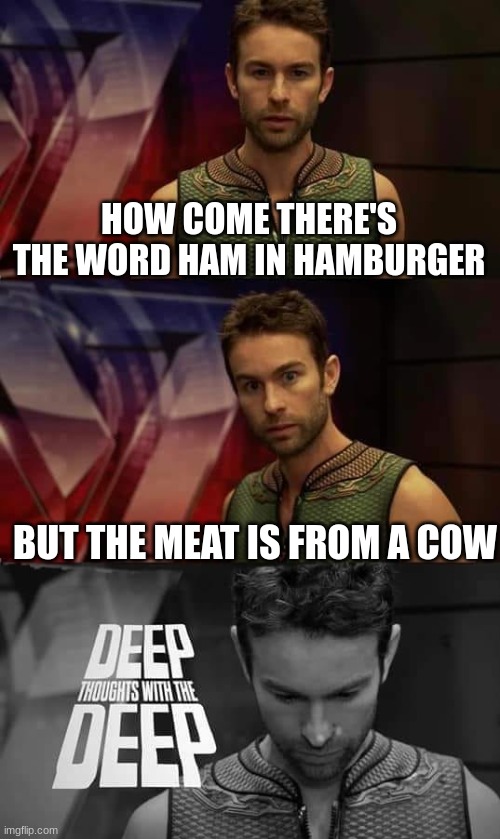 oh no | HOW COME THERE'S THE WORD HAM IN HAMBURGER; BUT THE MEAT IS FROM A COW | image tagged in deep thoughts with the deep | made w/ Imgflip meme maker