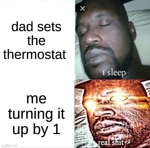 Sleeping Shaq | dad sets the thermostat; me turning it up by 1 | image tagged in memes,sleeping shaq | made w/ Imgflip meme maker