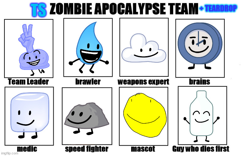 TPOT zombie apocalypse teams: The S! [+Teardrop because she's on her own team] | TS; + TEARDROP | image tagged in my zombie apocalypse team,bfb | made w/ Imgflip meme maker