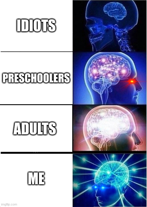 Expanding Brain Meme | IDIOTS; PRESCHOOLERS; ADULTS; ME | image tagged in memes,expanding brain | made w/ Imgflip meme maker