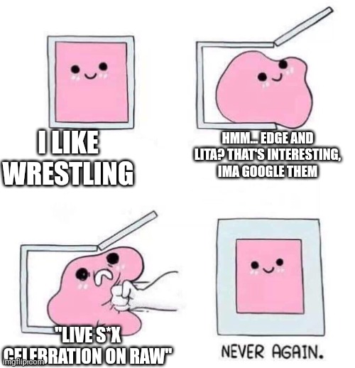 No | I LIKE WRESTLING; HMM... EDGE AND LITA? THAT'S INTERESTING, IMA GOOGLE THEM; "LIVE S*X CELEBRATION ON RAW" | image tagged in never again | made w/ Imgflip meme maker