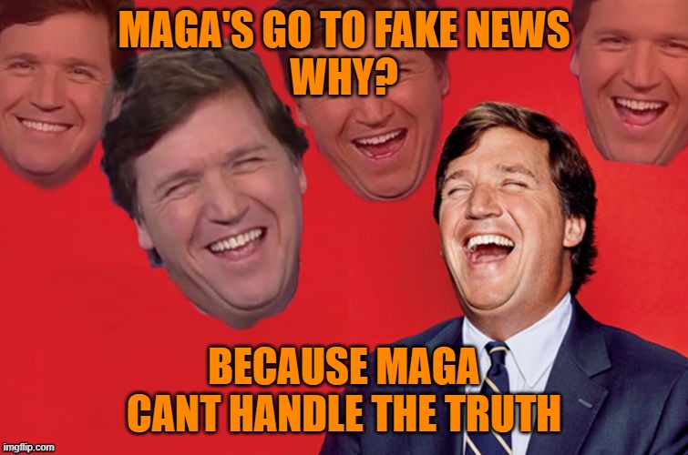 Tucker laughs at libs | MAGA'S GO TO FAKE NEWS
WHY? BECAUSE MAGA CANT HANDLE THE TRUTH | image tagged in tucker laughs at libs | made w/ Imgflip meme maker