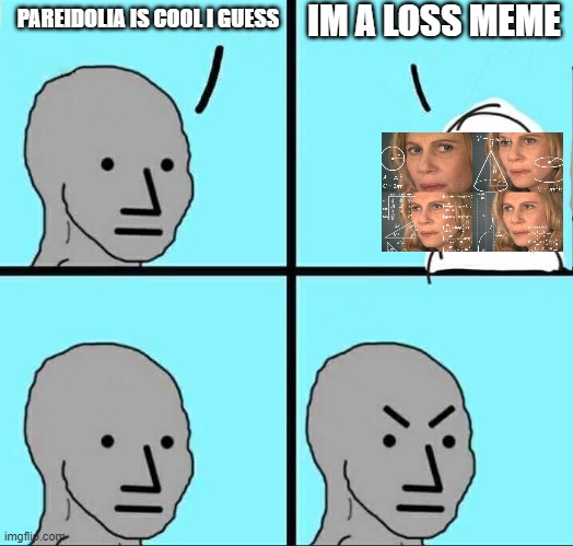 confusion is loss | IM A LOSS MEME; PAREIDOLIA IS COOL I GUESS | image tagged in npc meme | made w/ Imgflip meme maker