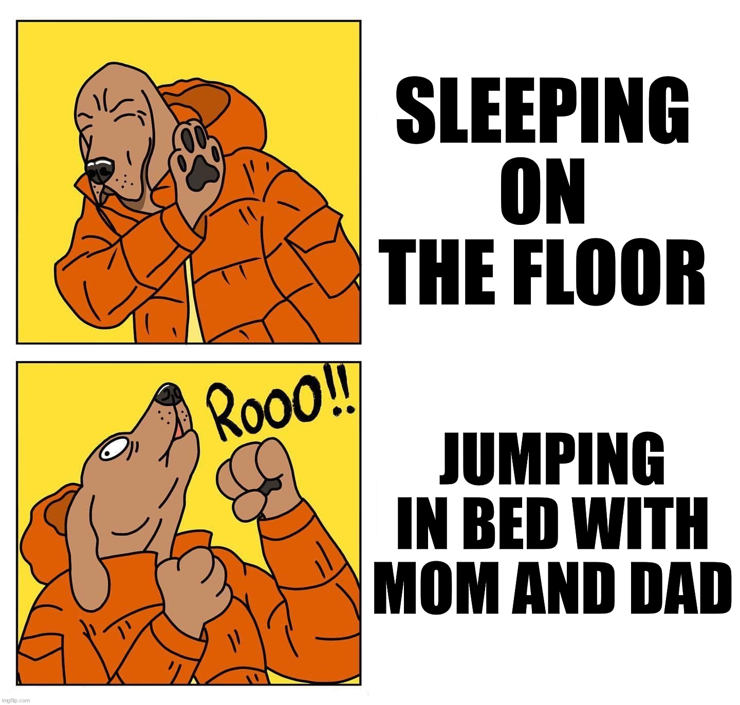 drake dog | SLEEPING ON THE FLOOR; JUMPING IN BED WITH MOM AND DAD | image tagged in drake dog,dogs | made w/ Imgflip meme maker