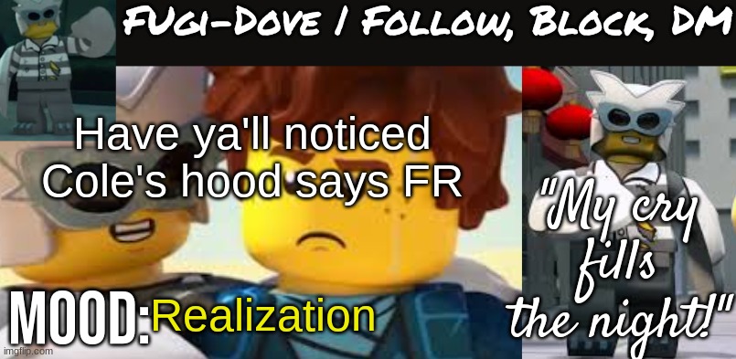 in the new ninjago | Have ya'll noticed Cole's hood says FR; Realization | image tagged in fugi-dove template 1 0 | made w/ Imgflip meme maker