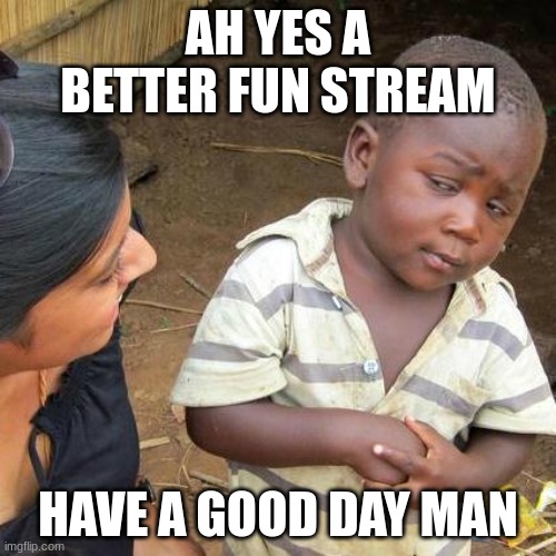 Third World Skeptical Kid | AH YES A BETTER FUN STREAM; HAVE A GOOD DAY MAN | image tagged in memes,third world skeptical kid | made w/ Imgflip meme maker