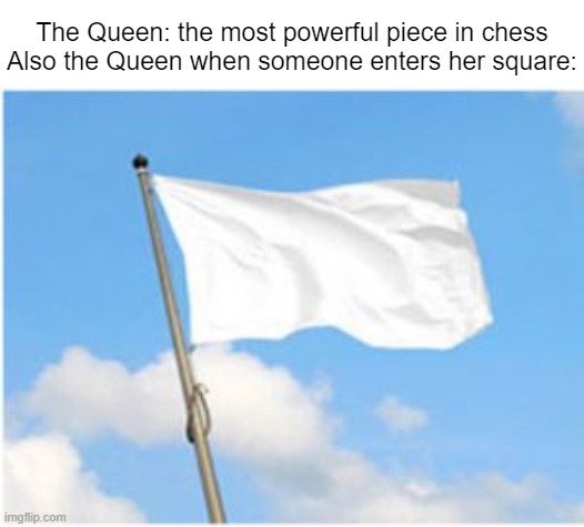 White flag | The Queen: the most powerful piece in chess
Also the Queen when someone enters her square: | image tagged in white flag,chess,queen,memes | made w/ Imgflip meme maker