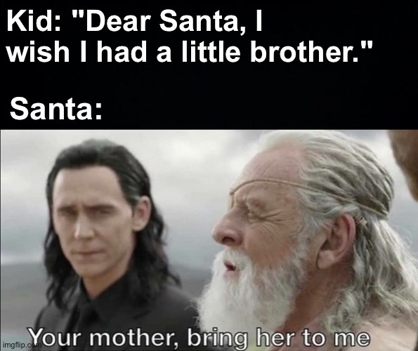 "We'll make it happen..." | Kid: "Dear Santa, I wish I had a little brother."; Santa: | image tagged in memes,unfunny | made w/ Imgflip meme maker