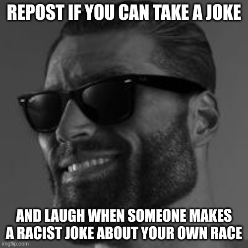 Gigachad Sunglasses | REPOST IF YOU CAN TAKE A JOKE; AND LAUGH WHEN SOMEONE MAKES A RACIST JOKE ABOUT YOUR OWN RACE | image tagged in gigachad sunglasses | made w/ Imgflip meme maker