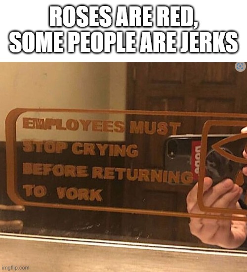 *work | ROSES ARE RED,
SOME PEOPLE ARE JERKS | image tagged in blank white template | made w/ Imgflip meme maker