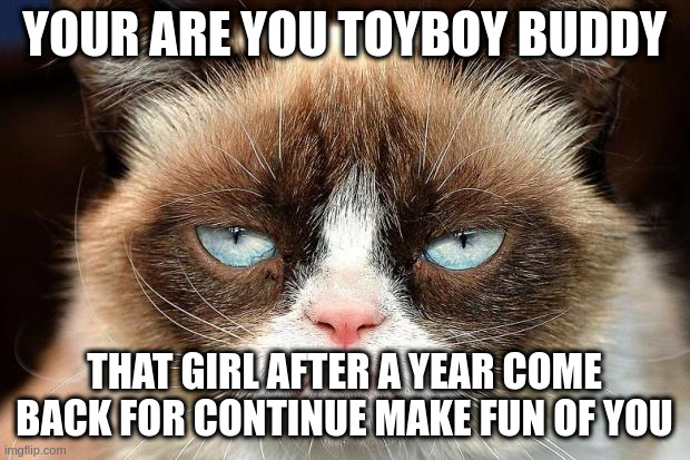 Baby come back | YOUR ARE YOU TOYBOY BUDDY; THAT GIRL AFTER A YEAR COME BACK FOR CONTINUE MAKE FUN OF YOU | image tagged in memes,grumpy cat not amused,grumpy cat | made w/ Imgflip meme maker