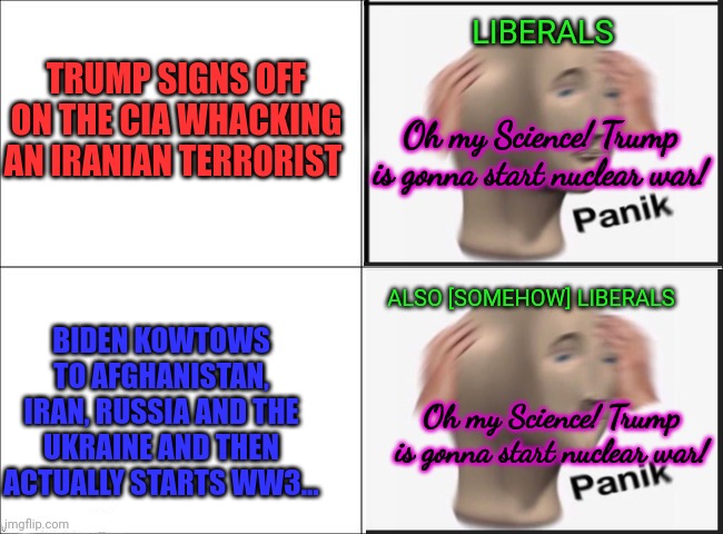 If it wasn't for double standards... | LIBERALS; TRUMP SIGNS OFF ON THE CIA WHACKING AN IRANIAN TERRORIST; Oh my Science! Trump is gonna start nuclear war! ALSO [SOMEHOW] LIBERALS; BIDEN KOWTOWS TO AFGHANISTAN, IRAN, RUSSIA AND THE UKRAINE AND THEN ACTUALLY STARTS WW3... Oh my Science! Trump is gonna start nuclear war! | image tagged in basic four panel meme,double standards,liberal,problems,why did trump invade ukraine,sorry thats next years talking point | made w/ Imgflip meme maker