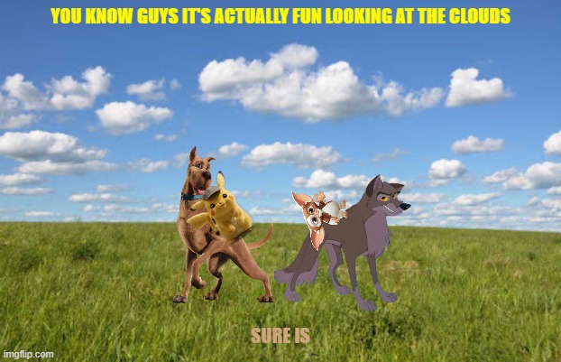 scooby and pals looking at the clouds | YOU KNOW GUYS IT'S ACTUALLY FUN LOOKING AT THE CLOUDS; SURE IS | image tagged in grassland,warner bros,universal studios,dogs,gizmo,buddies | made w/ Imgflip meme maker