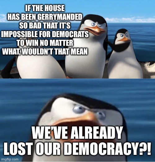 Wouldn't that make you | IF THE HOUSE HAS BEEN GERRYMANDED SO BAD THAT IT’S IMPOSSIBLE FOR DEMOCRATS TO WIN NO MATTER WHAT, WOULDN’T THAT MEAN; WE’VE ALREADY LOST OUR DEMOCRACY?! | image tagged in wouldn't that make you | made w/ Imgflip meme maker