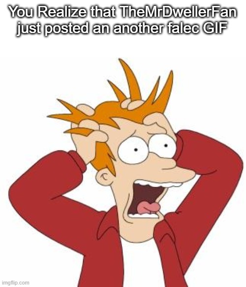 Fry Freaking Out | You Realize that TheMrDwellerFan just posted an another falec GIF | image tagged in fry freaking out | made w/ Imgflip meme maker