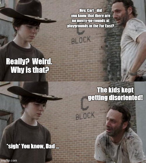 Why are there so many snipers in India? | Hey, Carl - did you know that there are no merry-go-rounds at playgrounds in the Far East? Really?  Weird.  Why is that? The kids kept getting disoriented! *sigh* You know, Dad ... | image tagged in memes,rick and carl | made w/ Imgflip meme maker
