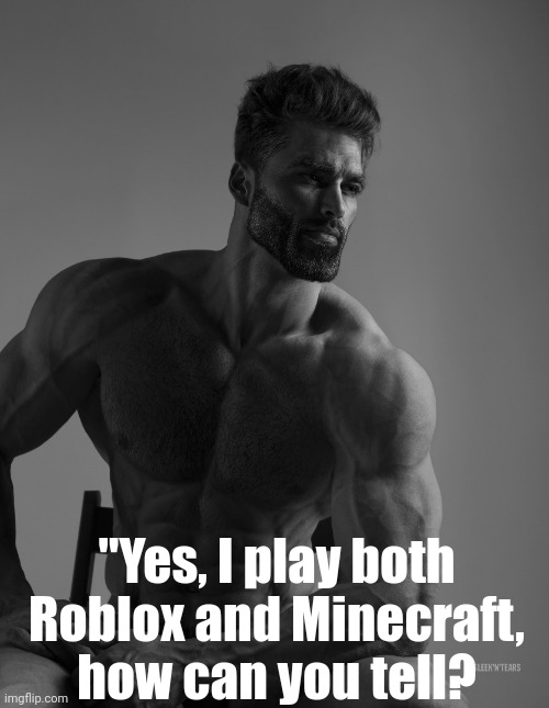 Giga Chad | "Yes, I play both Roblox and Minecraft, how can you tell? | image tagged in giga chad | made w/ Imgflip meme maker