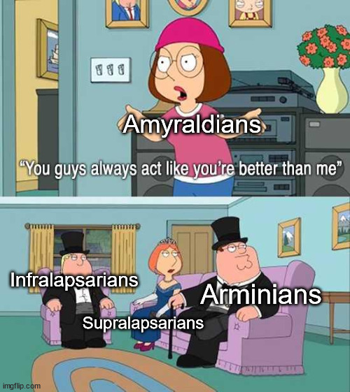 You guys always act like you're better than me | Amyraldians; Infralapsarians; Arminians; Supralapsarians | image tagged in you guys always act like you're better than me | made w/ Imgflip meme maker