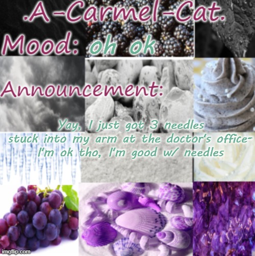 i also stole a lolipop from the jar at the reception area afterwards | oh ok; Yay, I just got 3 needles stuck into my arm at the doctor's office-
I'm ok tho, I'm good w/ needles | image tagged in a-carmel-cat ace announcement | made w/ Imgflip meme maker