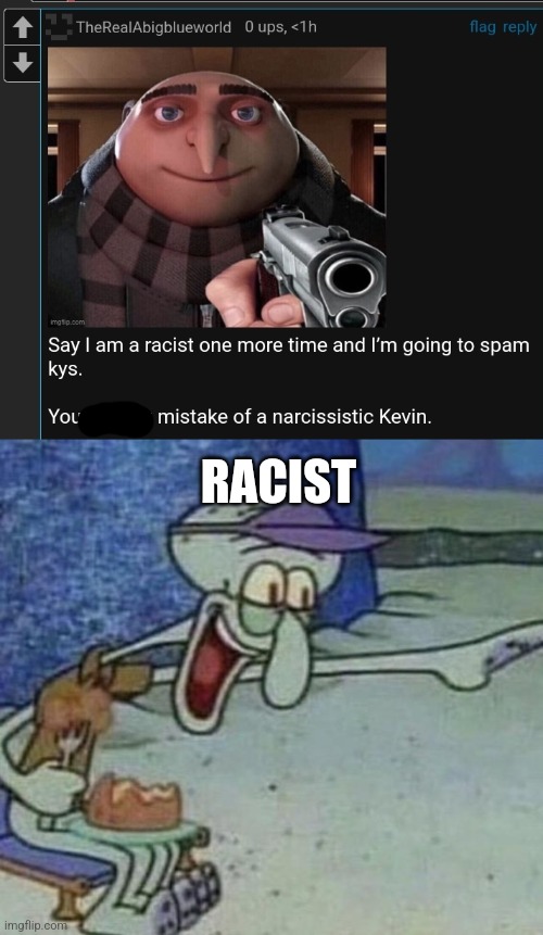 RACIST | image tagged in squidward point and laugh | made w/ Imgflip meme maker